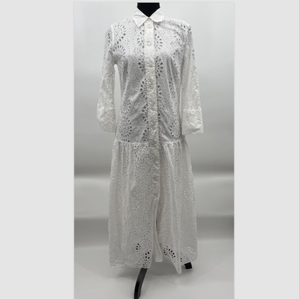 Zara Dress Women Medium White Eyelet 3/4 Sleeves Button Up Midi Cottage Boho